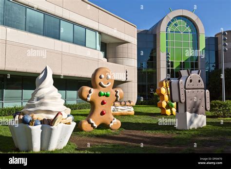 Google Android lawn statues at the Googleplex Google's headquarters in ...