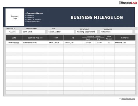 Self Employed Mileage Log Template