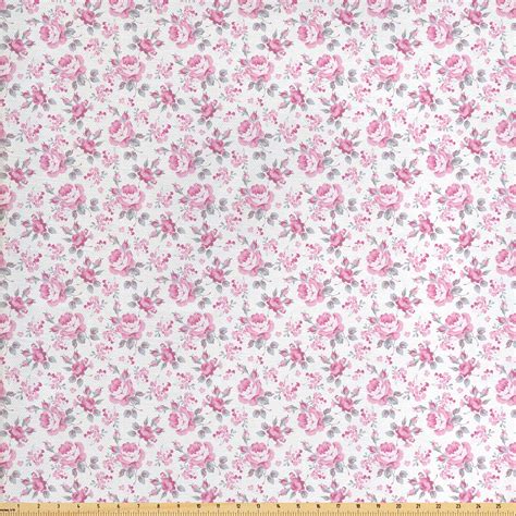 Shabby Flora Fabric by The Yard, Pink Roses with Grey Leaves Garden ...