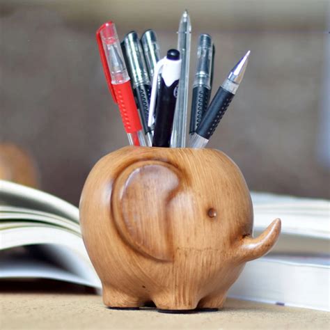 Wood Carving Elephant Pencil Holder Fashion Creative Wooden Pen Holder-in Pen Holders from ...