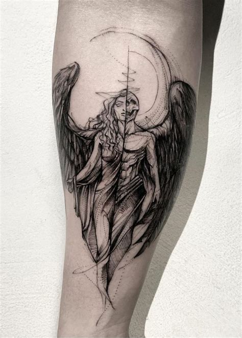 black-and-white-tattoo-of-a-woman-half-angel-half-demon-tattoo-forearm ...