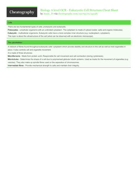 Biology A level OCR - Eukaryotic Cell Structure Cheat Sheet by Anais_Pe ...