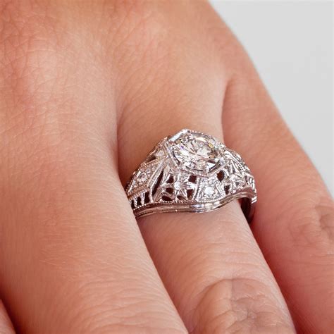 White Gold Filigree Vintage Engagement Ring - Antique 1/2ct Diamond Ring