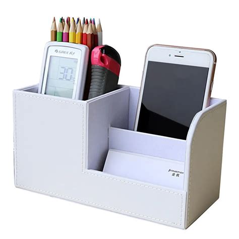 XRHYY White Wooden Pu Leather Multi function Desk Stationery Organizer Storage Box Pen/Pencil ...