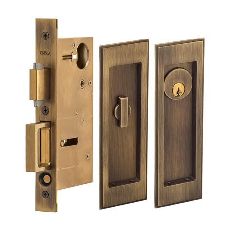 Pocket Door Hardware - Large Stepped Rectangle Keyed Pocket Door Mortise Lock in Antique Brass ...