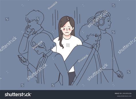 Unhappy Young Woman Crowd Feel Lonely Stock Vector (Royalty Free ...