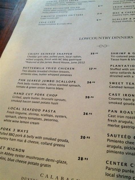 Menu at Poogan's Porch restaurant, Charleston