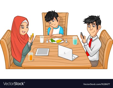 Family eat together parents are busy with gadget Vector Image