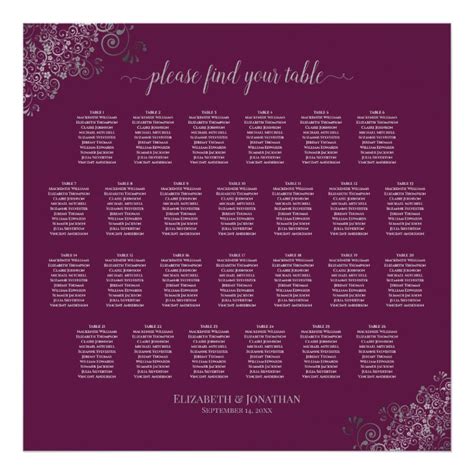 26 Table Wedding Seating Chart Silver on Cassis | Zazzle