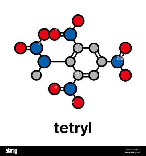 Tetryl explosive molecule. Stylized skeletal formula (chemical structure): Atoms are shown as ...