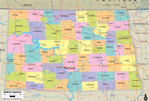 Map of State of North Dakota, with outline of the state cities, towns and counties. State roads ...