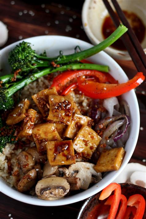 Brown Rice Tofu Bowl + Roasted Vegetables and Soy, Ginger, Garlic Sauce - The Wooden Skillet