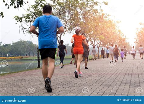 Group of People Exercise Walking and Jogging in the Park Editorial ...