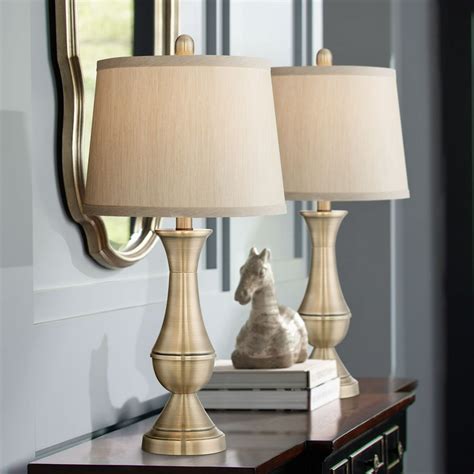 Regency Hill Traditional Table Lamps Set of 2 Antique Brass Metal Beige Drum Shade for Living ...