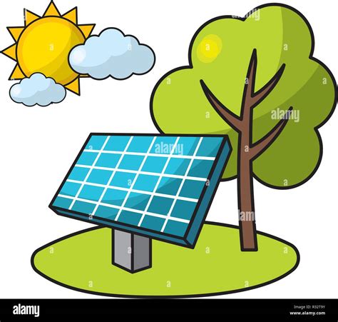 ecological green solar panel with tree and sun cartoon vector illustration graphic design Stock ...
