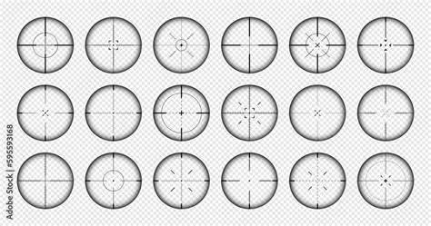 Various weapon sights, sniper rifle optical scopes. Hunting gun viewfinder with crosshair. Aim ...