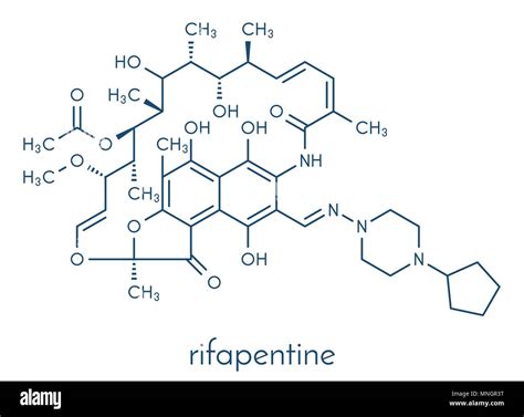 Rifapentine antibiotic drug molecule. Used in treatment of tuberculosis ...