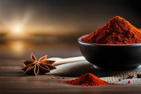 Premium AI Image | a bowl of red spice with a leaf on the top.