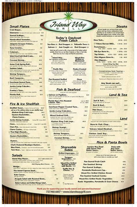 Menu at Island Way Grill restaurant, Clearwater, 20 Island Way