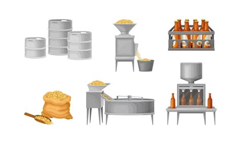 Premium Vector | Beer brewing process with steeping cereal grains and bottling vector set