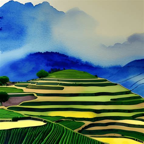 Rice Terraces Field Painting Watercolor Hyper Realistic Intricate ...