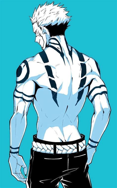 an anime character with white hair and black pants standing in front of a blue background