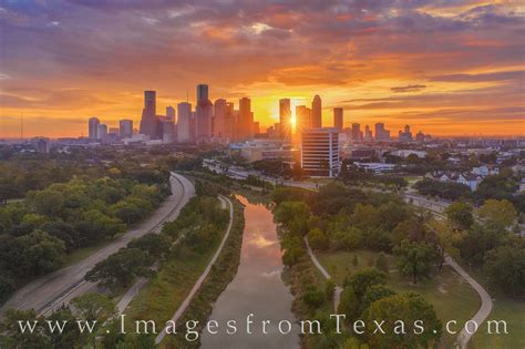 Aerial Houston Skyline Sunrise 1118-1 | Buffalo Bayou | Images from Texas