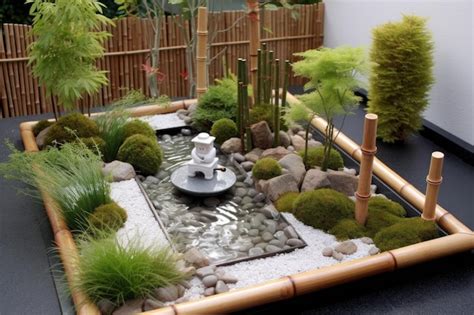 Premium AI Image | Zen garden with bamboo water fountain feature ...