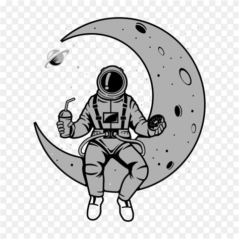 Hand drawn Astronaut sitting on crescent moon and eating on transparent background PNG - Similar PNG