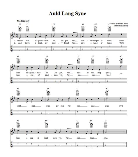 Auld Lang Syne - Easy Baritone Ukulele Sheet Music and Tab with Chords and Lyrics