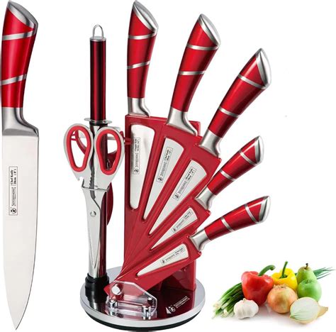 Amazon.com: Kitchen Knife Set, 9-Piece Red Kitchen Knife Set with Acrylic Block, Non Stick Sharp ...