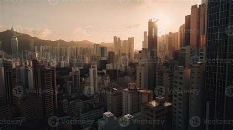 A beautiful and dramatic panoramic photograph of the city skyline, taken on a golden evening ...