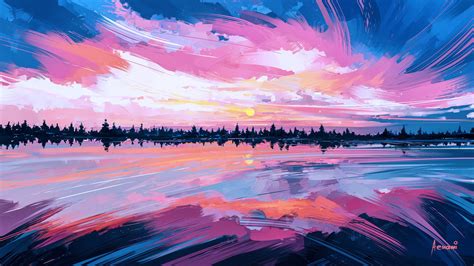 Wallpaper : painting, illustration, sunset, reflection, sky, artwork, sunrise, evening, horizon ...