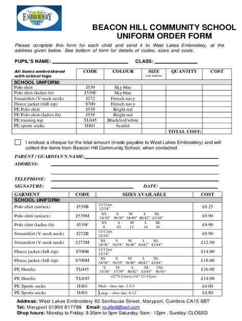 Fillable Online BEACON HILL COMMUNITY SCHOOL UNIFORM ORDER FORM Fax Email Print - pdfFiller