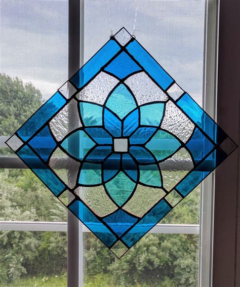 Blue stained glass geometric pattern with bevels | Stained glass ...