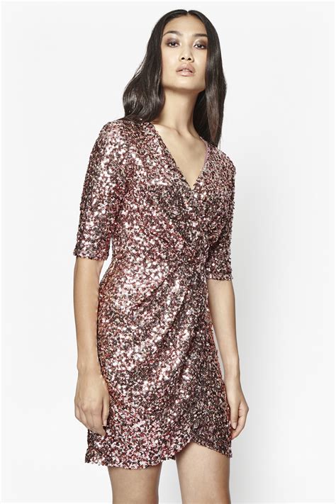 French connection Lunar Sparkle Sequin Wrap Dress in Pink | Lyst