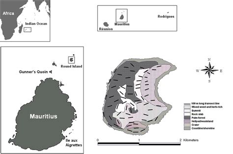 Location of Mauritius and Round Island, showing the 7 habitats and the... | Download Scientific ...