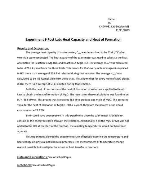 Lab 9 Post Lab Heat Capacity and Heat of Formation - Name: TA: CHEM031 ...
