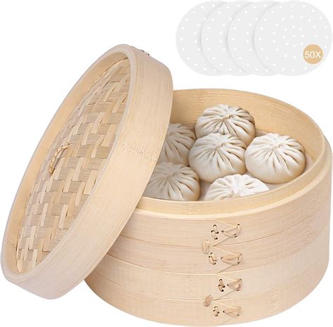 Amazon.com: Bamboo Steamer 10 Inch, Dumpling Steamer Basket, Two Tier ...