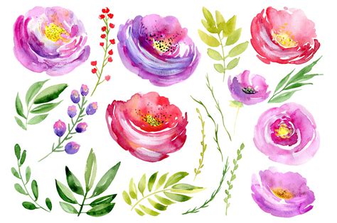 Watercolor floral set with pink, purple, red flowers By WatercolorFlowers | TheHungryJPEG