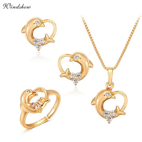 Children Girls Baby Kids Jewelry Sets Yellow Gold Color Dolphin Heart Charm Pendant Necklace ...