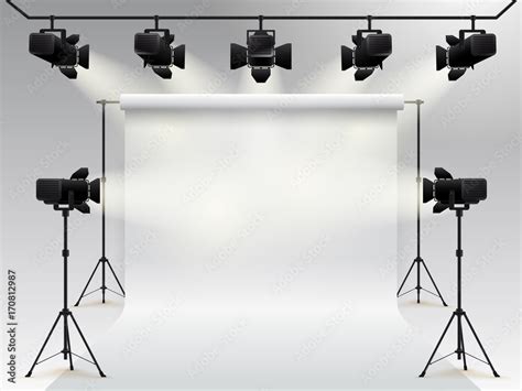 Lighting equipment and professional photography studio white blank background. Studio for ...