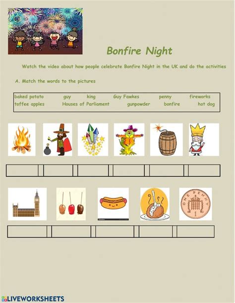 bonfire night worksheet with pictures and words