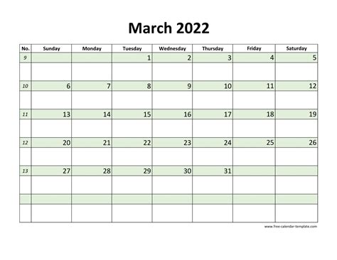 Free March 2022 Calendar, coloring on each day (horizontal) | Free-calendar-template.com