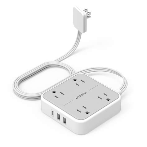 Flat Plug Power Strip, TESSAN 5 ft Ultra Thin Extension Cord with 3 USB ...