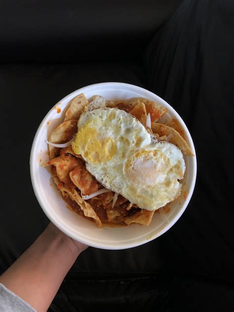 Chilaquiles rojos con huevo I had this morning for $28 MXN ($1.4 USD ...