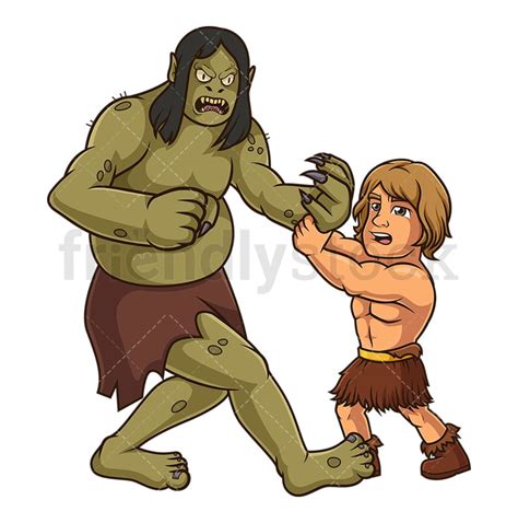 Beowulf Fighting Grendel Cartoon Clipart Vector - FriendlyStock