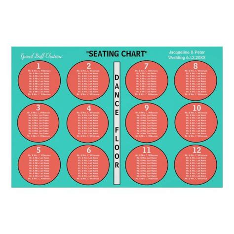 Wedding Turquoise Coral 12 Table Seating Chart | Zazzle | Table seating chart, Seating charts ...