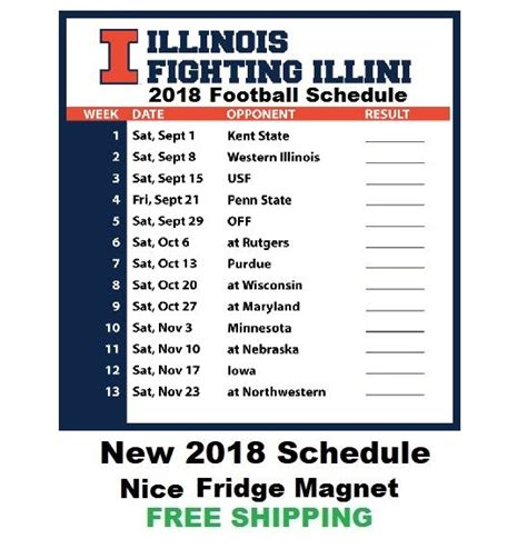 Illinois Fighting Illini 2018 College Football Schedule Refrigerator Magnet #football #refrige ...