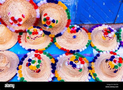 Traditional Moroccan colorful hats of the blue medina in Chefchaouen in Morocco Stock Photo - Alamy